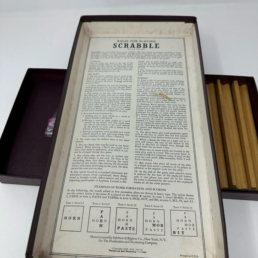 Vintage 1953 SCRABBLE Board Game Selchow & Righter Complete 100 Wood Tiles E4